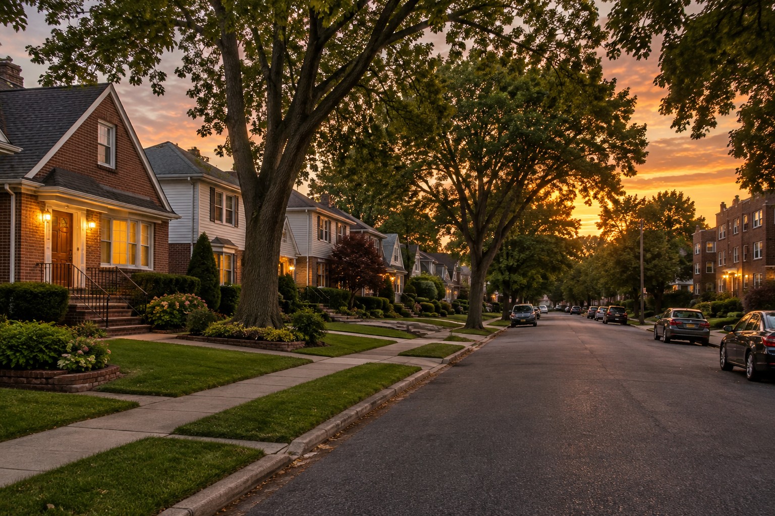A tree-lined Bayside, Queens street at dusk