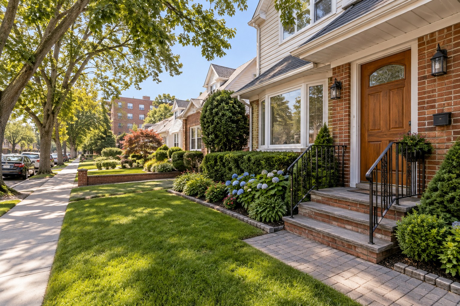 A northeast Queens entryway with a wood front door